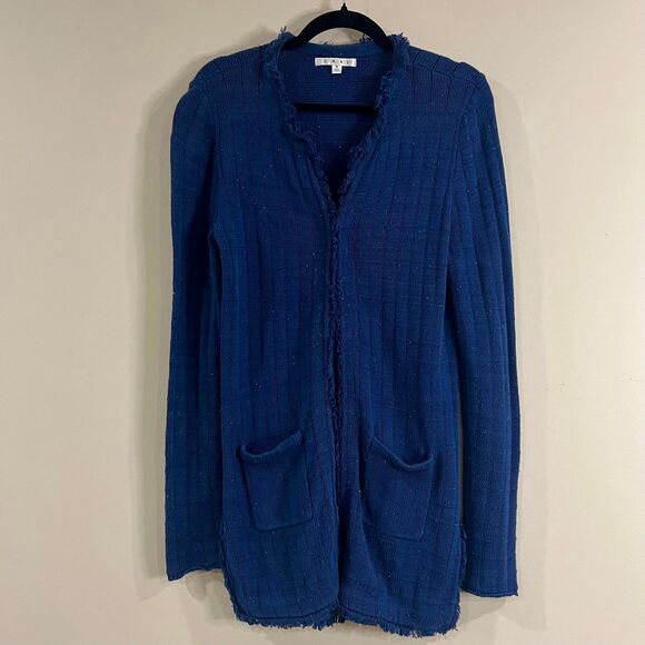 Cabi Blue Ribbed Knit Speckled Fringe Cardigan size Small - Picture 1 of 6